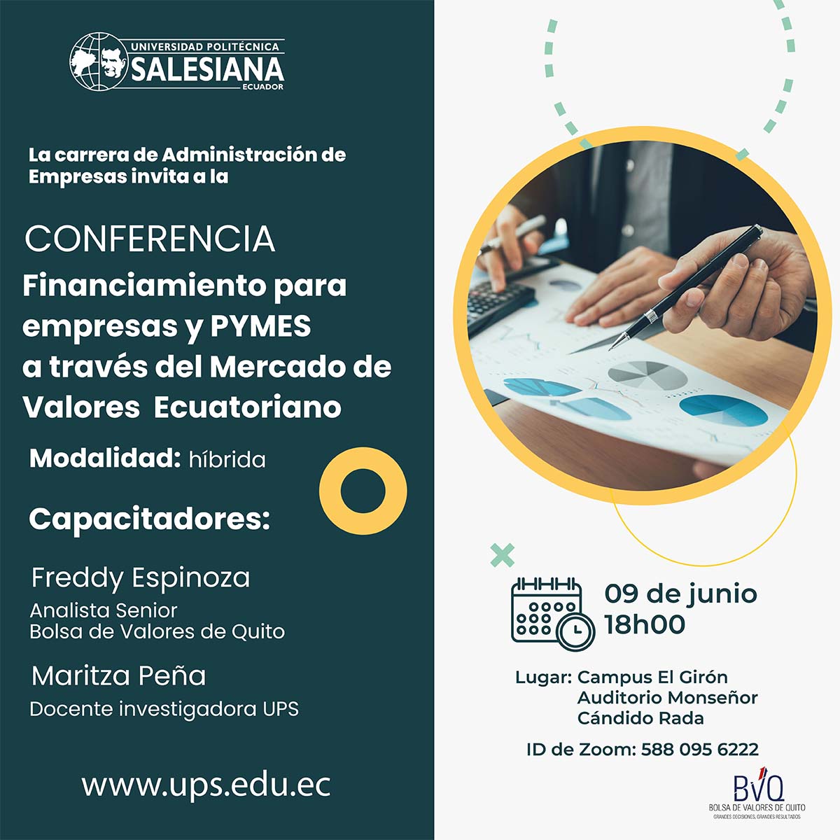 Afiche promocional de la Conferencia: Financiamiento para empresas y PYMES a través del Mercado de Valores Ecuatoriano